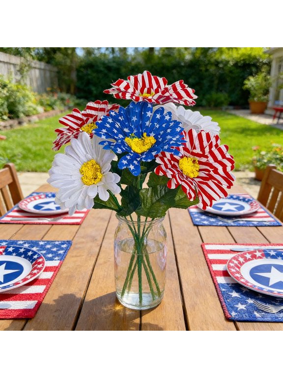 Artificial Flower Patriotic Memorial Bouquet Red White and Blue flowers with Daisy 4th of July Flowers for Cemetery Table Centerpiece Memorial Day Home Decor
