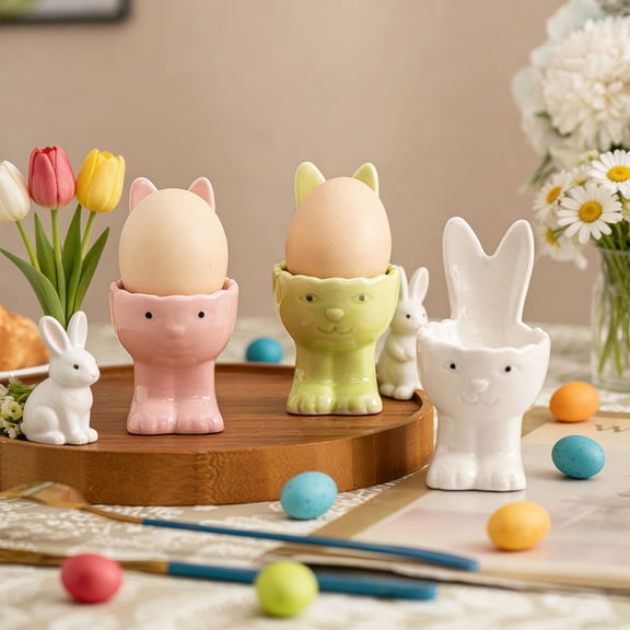 XGFHYJEH Ceramic Egg Cup for Soft or Hard Boiled Egg Holder - Egg Holders for Breakfast Brunch, Kitchenware, Easter Bunny Rabbit & Flower Egg Cup for Spring Home Party Tableware Decor Favors