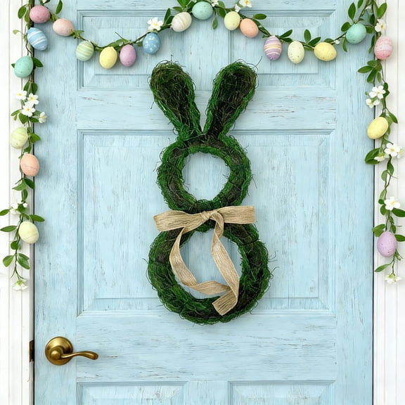 XGFHYJEH Easter Bunny Wreath Spring Bunny Shaped Artificial Wreath with Greenery & Bow for Front Door Spring Farmhouse Holiday Wall Home Window Decor