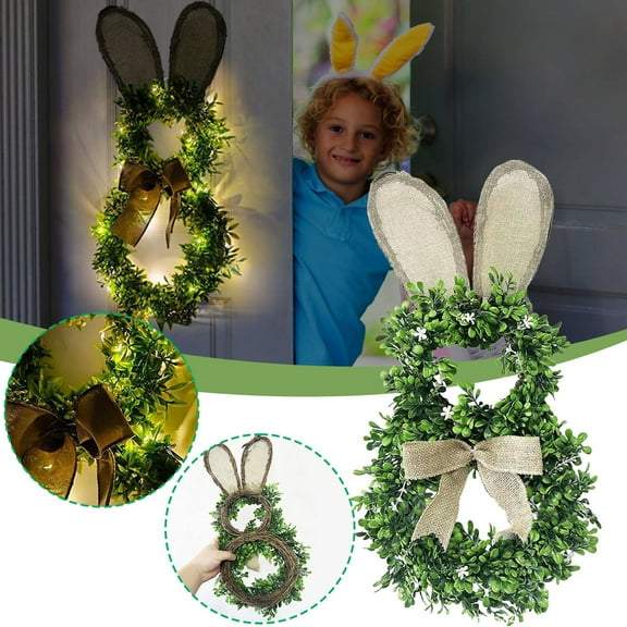 XGFHYJEH Easter Bunny Wreaths for Front Door, Easter Wreath with Light Decorations for Home, Spring Door Wreath with Bow for Wall Window