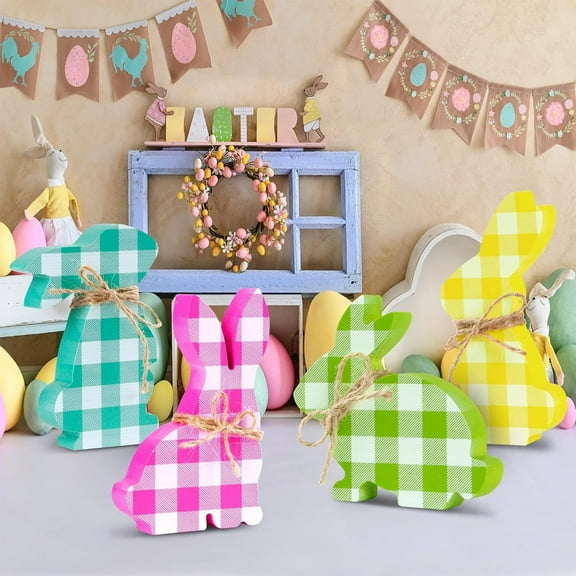 XGFHYJEH Easter Decoration, 4 PcEaster Bunny Wooden Signs Spring Bunny Wood Table Centerpieces Tiered Tray Decor Freestanding Shape Tabletop Decoration With Jute Rope