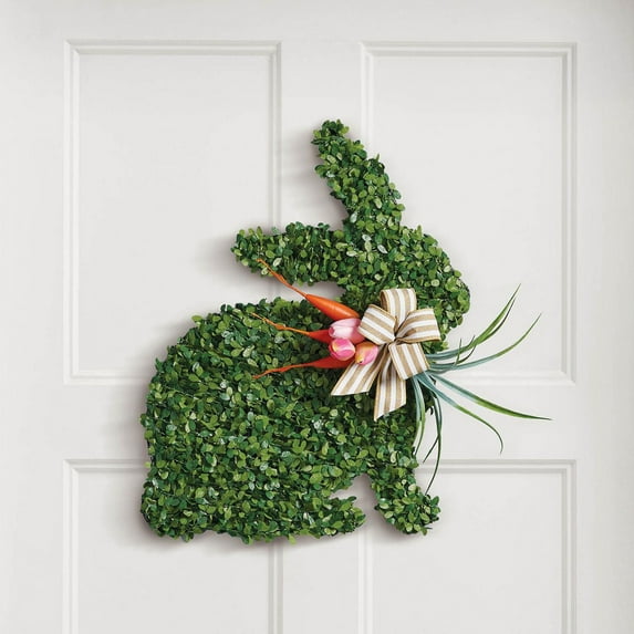 XGFHYJEH Easter Moss Bunny Wreath for Front Door Fake Moss Bunny Sign Hanging Wooden Wreath with Burlap Bow for Spring Porch Wall Home Farmhouse Indoor Outdoor Decor