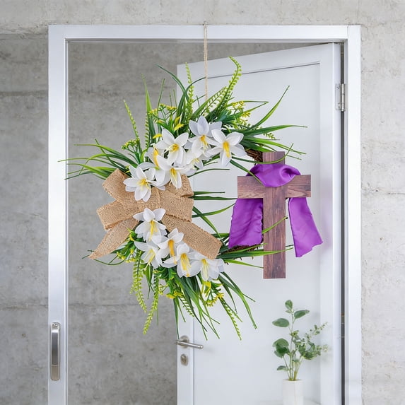XGFHYJEH Easter Wreath Cross Door Sign Decorations He is Risen Wooden Wreath Hanging Sign Easter Christian Floral Door Decor 16.54 Inch for Home Wall Spring Party Favor Supplies Gift