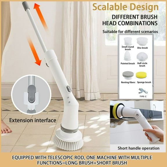 XGFHYJEH Electric Spin Scrubber, Cordless Cleaning Brush, Spin Scrubber Brush, Power Spin Scrubber, Spin Scrubber for Cleaning Bathroom, Extension Scrubber with 6 Brush Heads