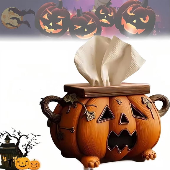 XGFHYJEH Halloween Pumpkin Tissue Box Holder, Spooky Pumpkin Tissue Box Cover Decor for Bathroom Kitchen Office, Cute Fall Decor with Facial Paper Organizer Function, Holiday Home Accessory