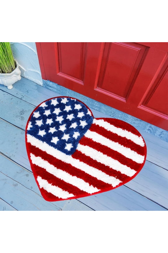 Independence Day Bath Rug 4th of July Patriotic Heart Shape Stars Stripes Bath Mat Non Slip Shower Rugs Front Door Mat Carpet Floor Rug for Home Kitchen Entrance Bedroom Bathroom Decor