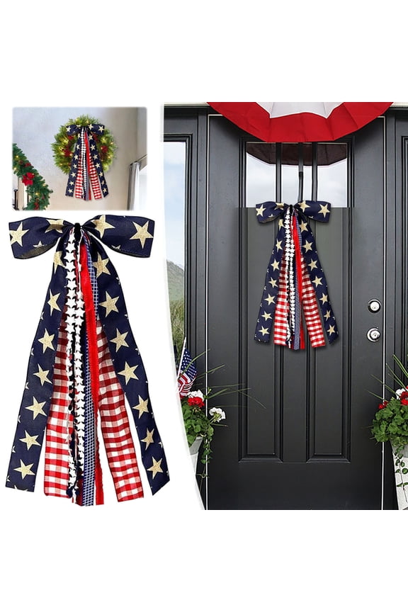 Large Patriotic Star Ribbon Bow for Wreath, Red White Buffalo Plaid Fabric Ribbons Set Assorted Lace Ribbon 4th of July Wreath Sash Ribbons Bundle for Patriotic Indoor Outdoor Decor