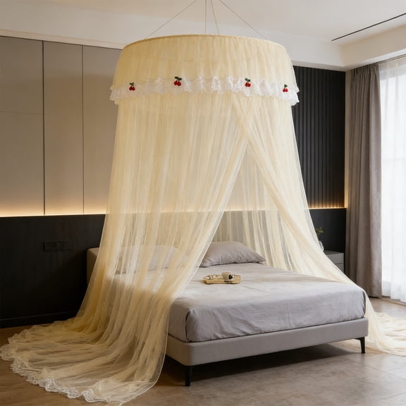 XGFHYJEH Light Luxury Romantic Mosquito Net, French Princess Embroidered Dome Bed Canopy, Ceiling Mounted Foldable Polyester Mesh, Breathable Net for Bedroom, Fits Single Double Beds for Home