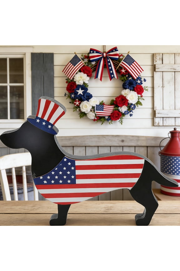 Patriotic Dachshund Wooden Tabletop Decor, USA Flag Dog Sign with Uncle Sam Hat, 7.08 x 5.9 Inch, 4th of July Home Shelf Decoration
