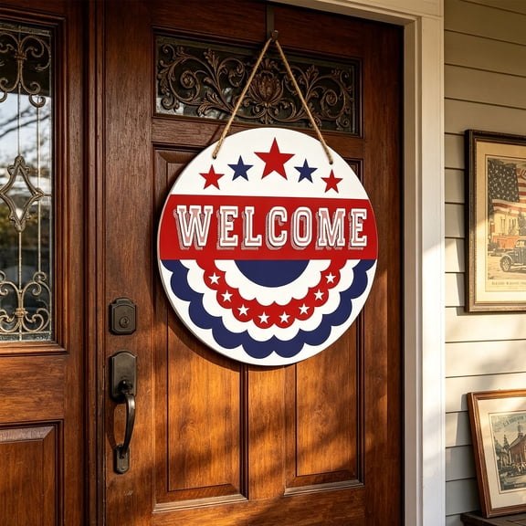 XGFHYJEH Patriotic Stars Welcome Door Hanger, 4th of July Independence Day Memorial Day Wooden Door Sign, Indoor Outdoor Decor for Front Door Porch Wall 250th Anniversary 1776-2026