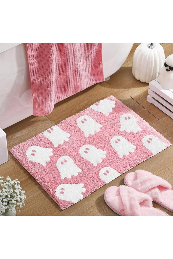 Spooky Ghost Bath Mat - Pink Gothic Bathroom Rug, Soft Plush Non-Slip Washable Ghost Bath Rug for Halloween Bathroom Decor, Machine Washable
