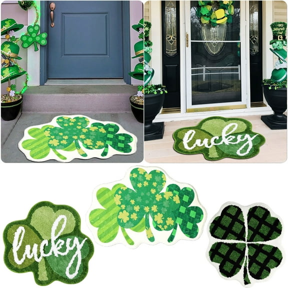 XGFHYJEH St. Patrick's Day Bathroom Rugs Lucky Green Shamrocks St. Patrick's Day Door Mat Irish Four Leaf Mat Non Slip Rugs for Entrance Front Door Indoor Outdoor