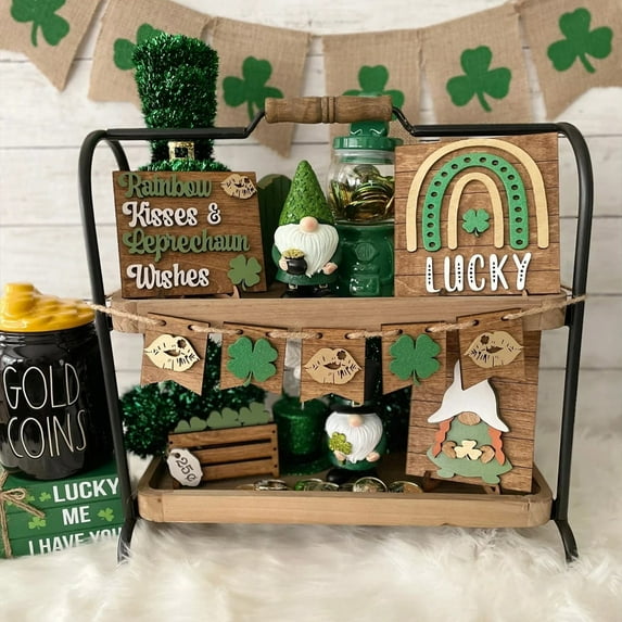 XGFHYJEH St. Patrick's Day Tiered Tray Decor Set Shamrock Gnome Truck Wood Sign Rustic Irish Theme Table Centerpiece Tabletop for Home Table