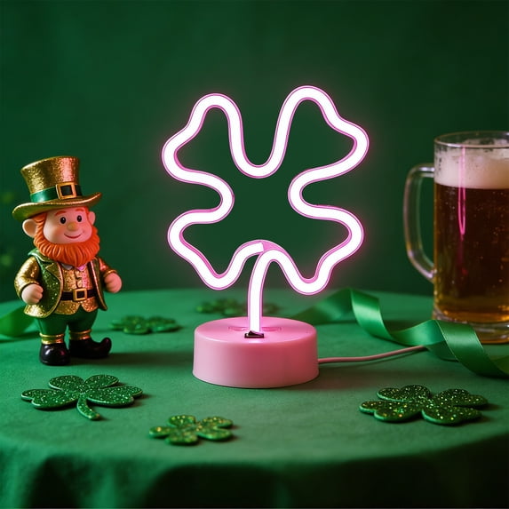 XGFHYJEH St Patricks Day Decorations Neon Signs with Holder Base, USB or Battery Operated Neon Light Green Clover Lights, LED Table Decoration for Bedroom Indoor Wedding Kids Room Birthday Party