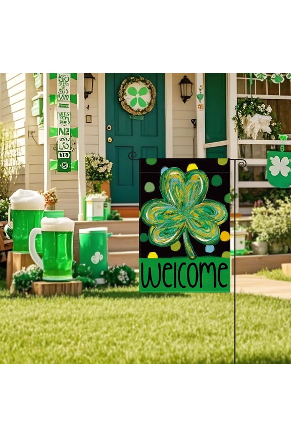 St Patricks Day Garden Flag Double Sided Outside Flag, Shamrocks Four-leaf Clovers Welcome Yard Outdoor Flag