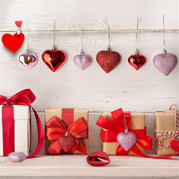 XGFHYJEH Valentine's Day Decor Heart Ornaments 12 Pcs Heart Shaped Baubles Red Pink White Hanging Decorations for Valentine's Day Christmas Wedding Anniversary