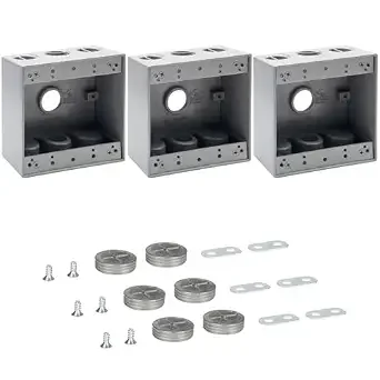 XGGYA 2-Gang Weatherproof Outlet Box,Three 3/4 Inch Hole Outdoor Electrical Box,Aluminum Construction Outdoor Outlet Box,CUL Listed for Home Improvement,Gray Double Gang Box(3 Pack)