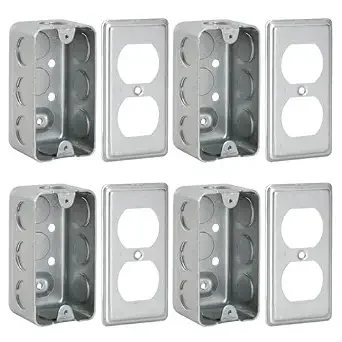 XGGYA Electrical Box Metal Outlet Boxes,4"2" Handy Box 1-Gang and Metal Outlet Box Cover,Duplex Receptacle,Galvanized Steel,8 * 1/2'' in Side and 2 * 1/2'' in Bottom Knockouts(Pack of 4)