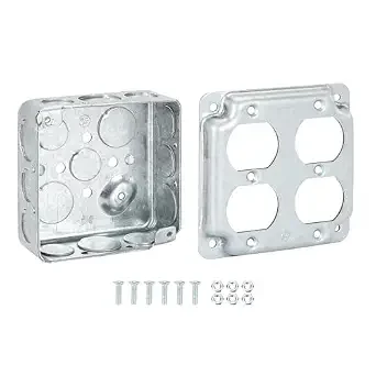 XGGYA Galvanized Steel Metal Outlet Box 4x4 and Outlet Cover with 6screws,2-Gang Duplex Receptacle Box,8*1/2''&4*3/4"in Side and 2*1/2''& 2*3/4" in Bottom Knockouts,Thickness 1.6mm,Raised Ground