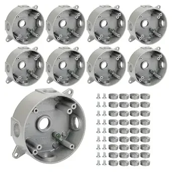 XGGYA Round Outdoor Electrical Box,Five 0.5 Hole Round Junction Box,Aluminum Construction Outdoor Outlet Box,CUL Listed for Home Improvement,Gray Waterproof Outlet Box(9 Pack)