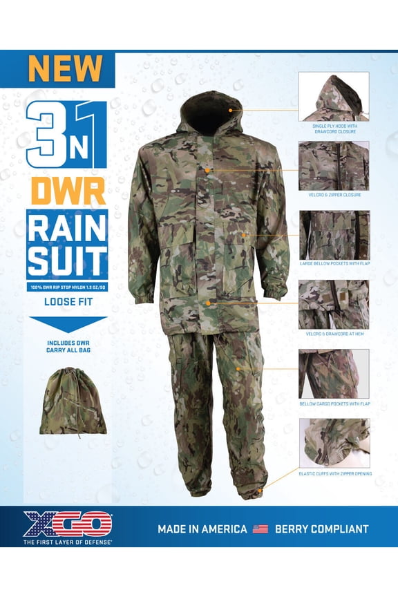 3 in 1 DWR Rain Suit w/Carry Bag, 100% DWR Rip Stop Nylon, US Made, Medium