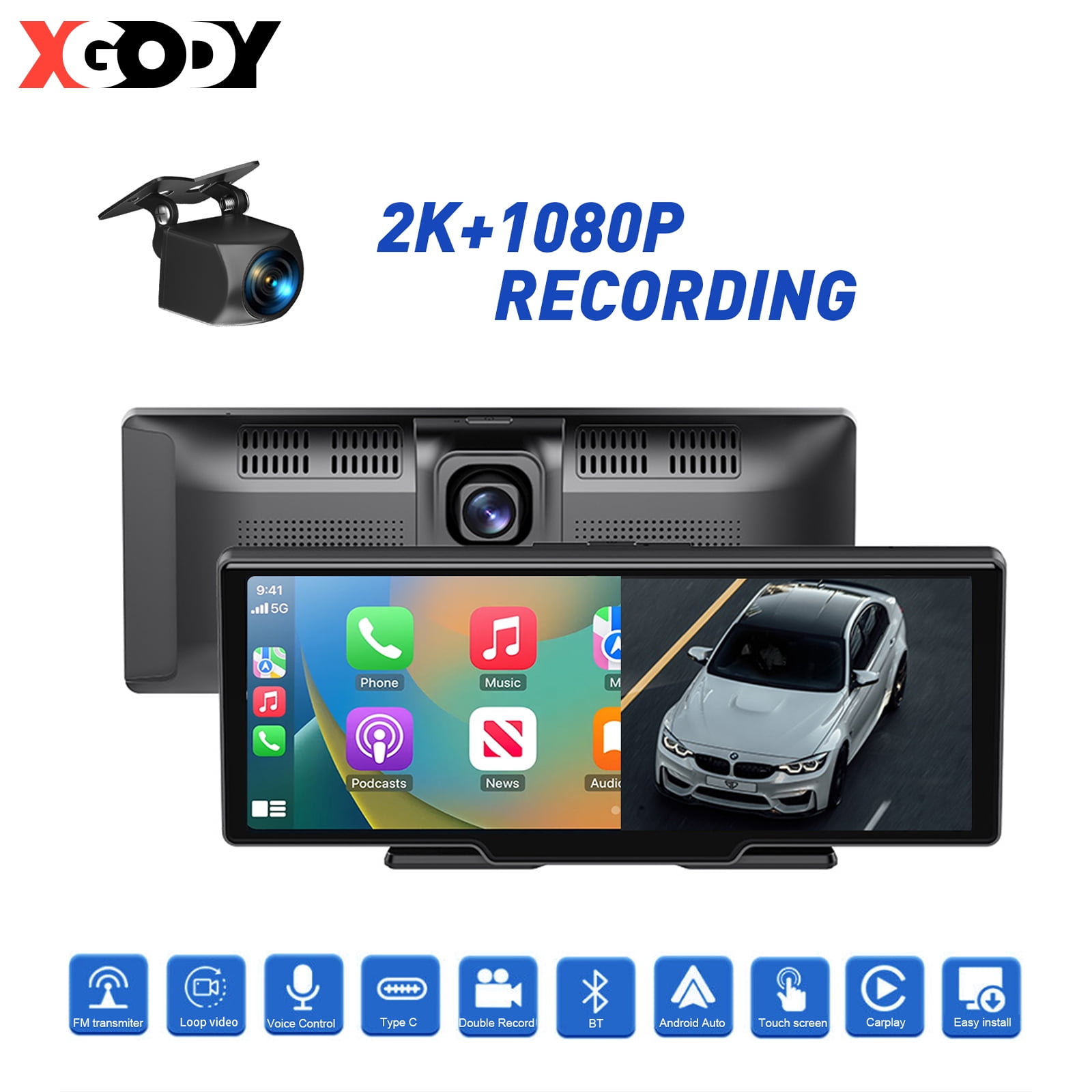 ) Carplay Android auto WiFi Dash Cam 2k+1080P Car Rear Mirror DVR dual  Recorder