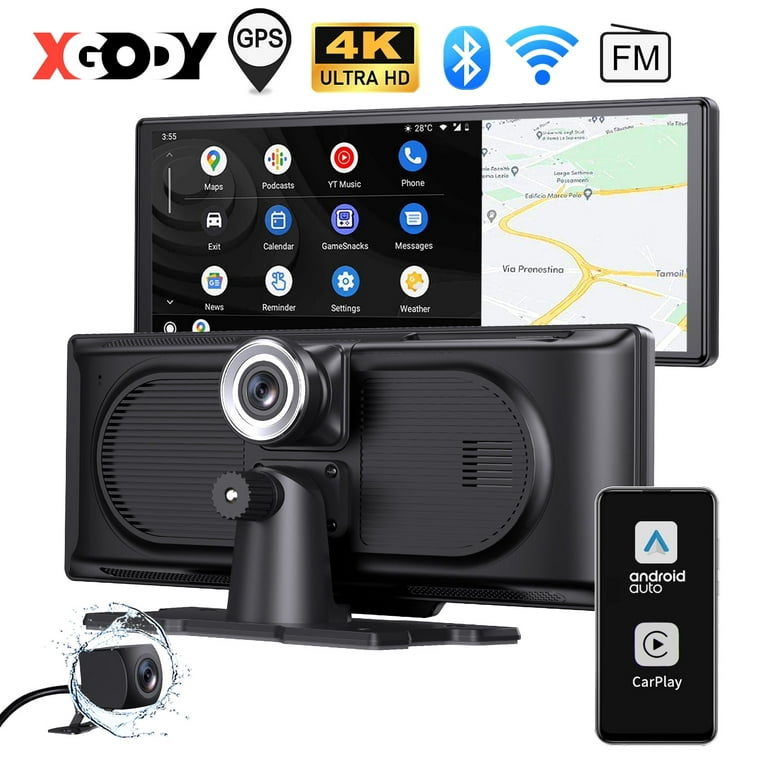 XGODY 10.26 inch Wireless Carplay Android Auto,4K Touchscreen Portable Car  Stereo,Voice Command,Dual Dash Camera for Car SUV Van