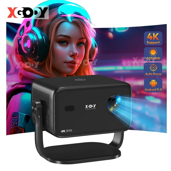 XGODY 1080P WA6 390 ANSI Smart Projector with Wifi and Bluetooth,Aspect Ratlo 16:9 for Camping/Gaming, 1.4KG Black, 1 Count