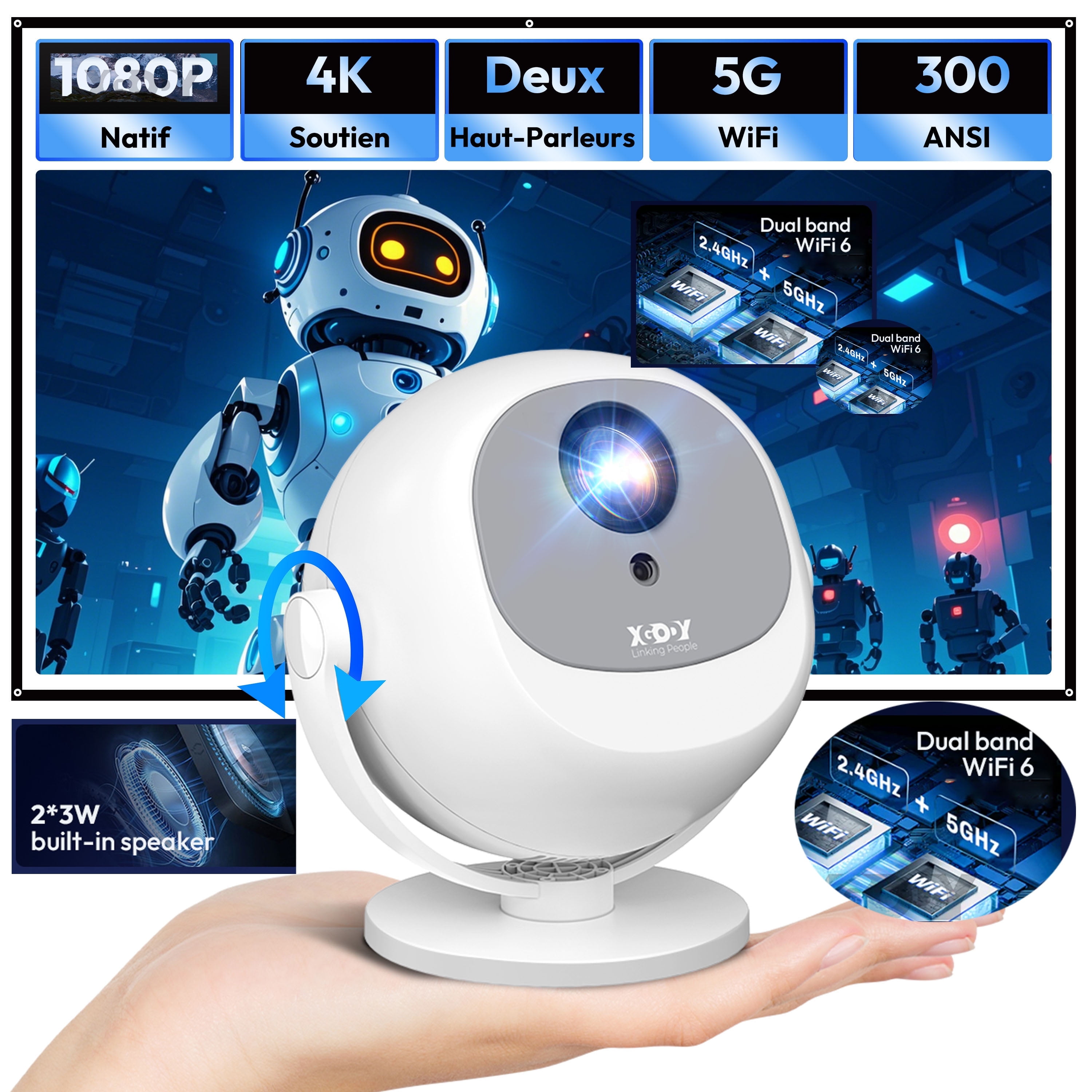XGODY A2WY 1080P 300 ANSI Smart Projector with Wifi and Bluetooth,Aspect Ratio16:9 Auto Focus for Movies/Gaming,White, 1Count