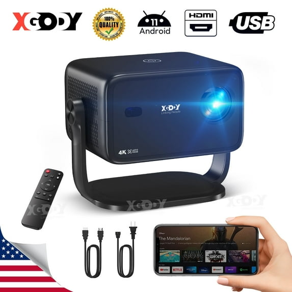 XGODY GA6 1080P 390 ANSI Smart Projector with Wifi and Bluetooth, Auto Focus Aspect Ratlo 16:9 for Camping/Gaming,Black, 1 Count