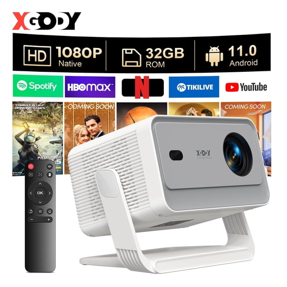 XGODY Gimbal A6 Pro Smart Projector, 1080P HD, 4K, Adjustable Brightness, WiFi & Bluetooth, Apps