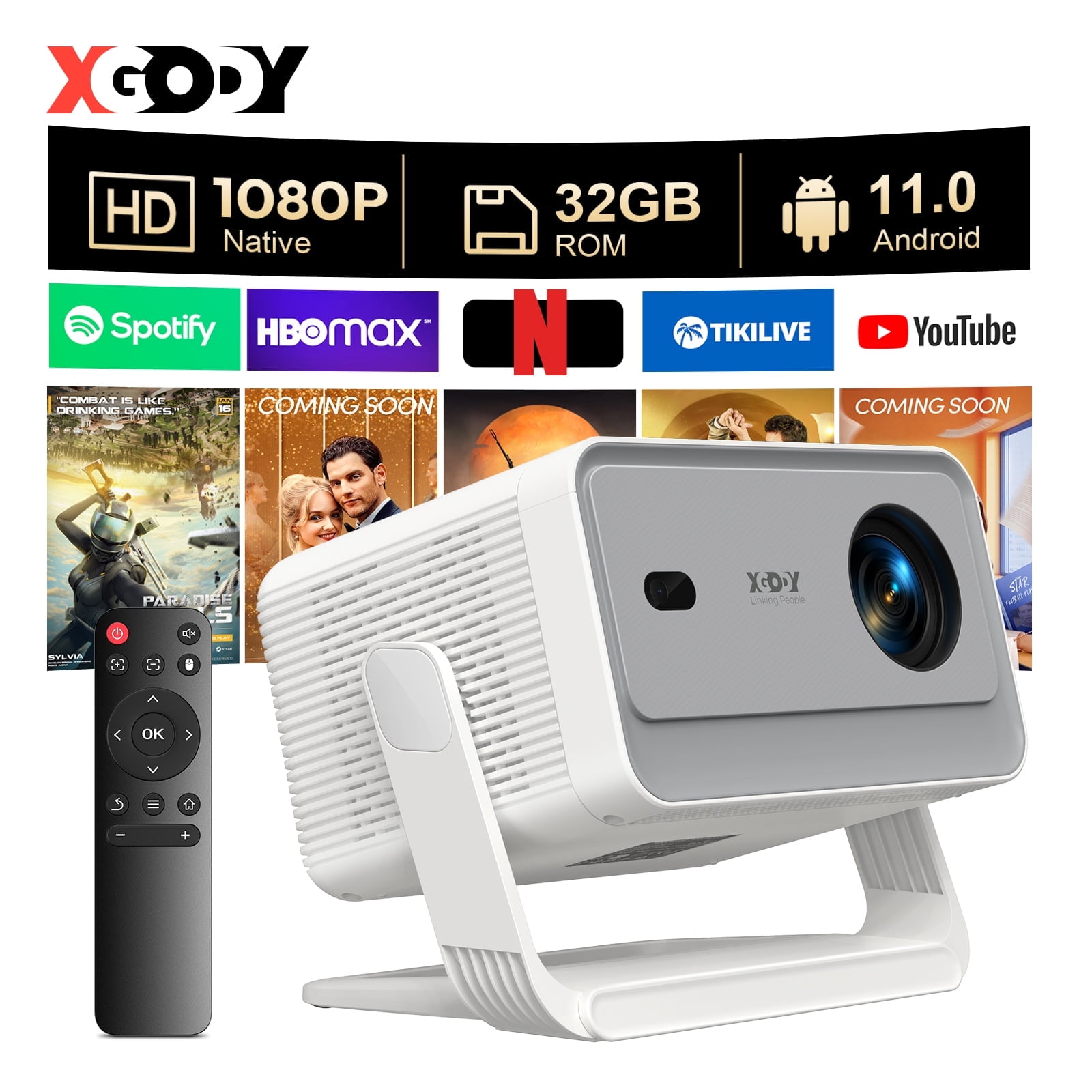 XGODY Gimbal A6 Pro Smart Projector with Apps,1080P HD,4K Support