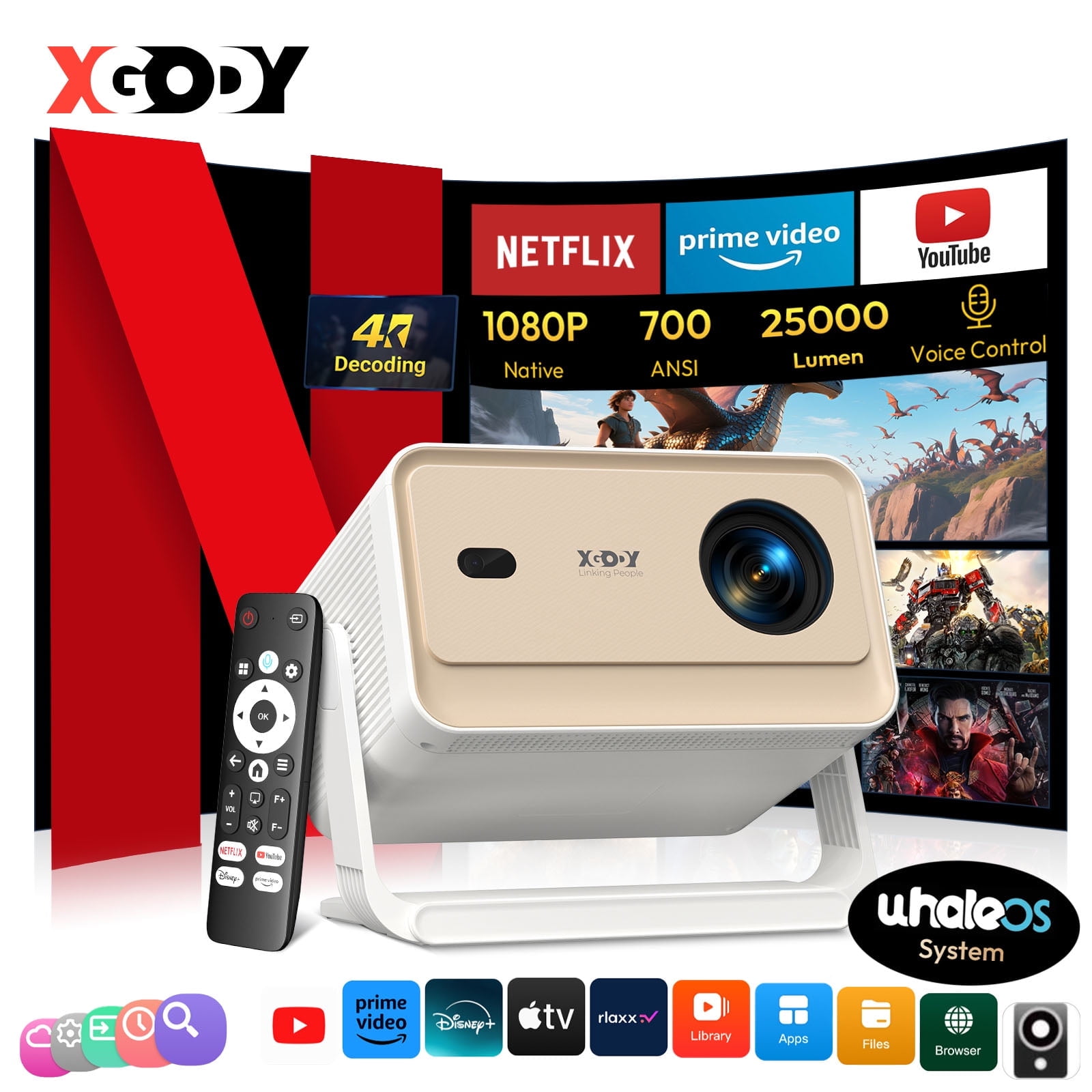XGODY Official Netflix N6 Pro 700 ANSI Smart Projector with Wifi and Bluetooth , 1080P Portable Projector for Home Theater & Outdoor Movies, 1.3kg Light Gold, 1 Count