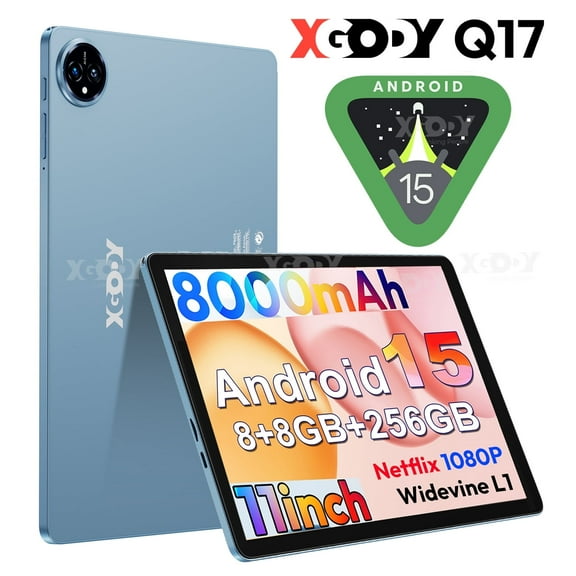 XGODY Q17 Android 15 11" Smart Tablet | 16GB RAM +256GB ROM +1TB Expandable | 8000mAh Battery | 8MP + 13MP Dual Camera | 1080P HD Touch Screen | 1.15lb/Blue Metal Body