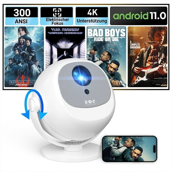 XGODY WA2 Native 1080P 320ANSI Smart Projector with Wifi and Bluetooth,Auto Focus for Camping/Gaming,White, 1 Count