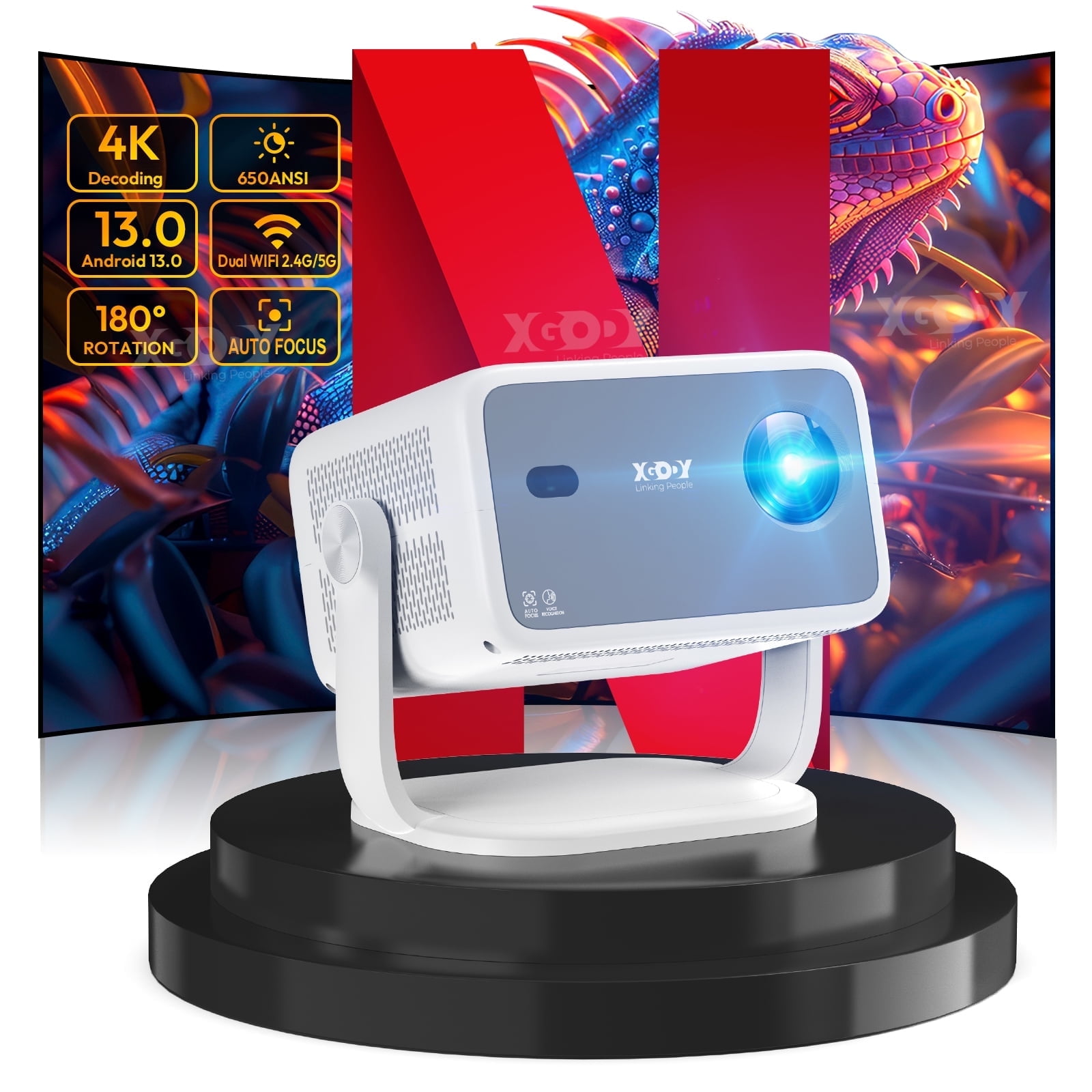 XGODY 1080P Netflix Licensed 410 ANSI Smart Projector with Wifi and Bluetooth,Aspect Ratio16:9 for Home Theater/Gaming,White,1Count