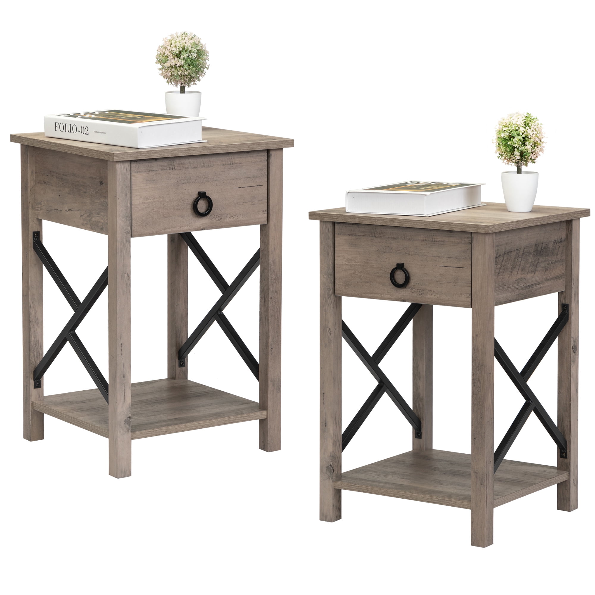 XGeek Set of 2 Farmhouse Wood Nightstand, Bed Sofa Side Table with Drawer, XShape Metal Sides