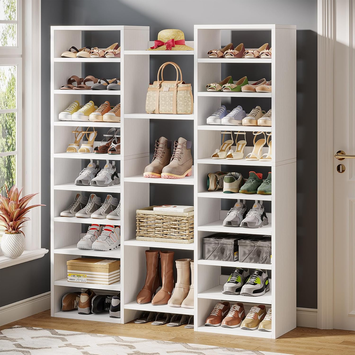 XH 14-Tier Shoe Rack, White Shoe Storage Cabinet with 22 Open Cubbies