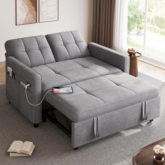 XH 55" Convertible Sofa Bed, 3-in-1 Sleeper Sofa with Pull-Out Bed, Cat-Scratch-Proof Futon Couch with 5-Levels Reclining Backrest, USB and Side Pocket, Modern Loveseat for Living Room, Grey