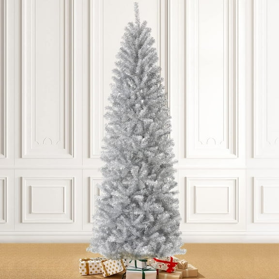 XH 7.5ft Silve Pencil Tinsel Artificial Christmas Tree, Holiday Hinged Fir Christmas Tree with 1188 Branch Tips and Metal Foldable Stand for Home Office Party Holiday Decoration