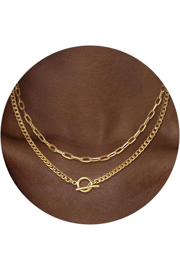 BLayered Necklaces for Women, 14K Gold Plated Chain Necklace Women Trendy Cuban Link Paperclip Chain Toggle Clasp Necklace Fashion Chunky Jewelry for Women