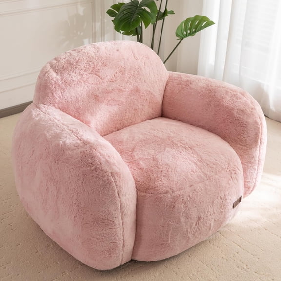 XH Bean Bag Chair, Comfy Pebble Shaped Single Bean Bag Sofa for Adults, Stuffed Floor Sofa with Supportive Backrest & Armrests, Modern Faux Fur Accent Chair for Living Room & Bedroom, Pink