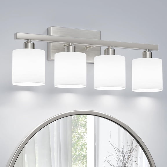 XH Classic Vanity Lights, Modern Bathroom Vanity Light with Textured Frosted Opal White Glass Shades, Brushed Nickel, 4-Light