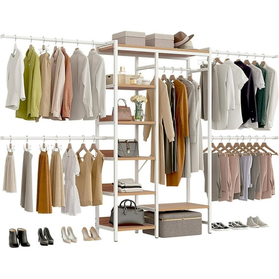 XH Closet Organizer System, Adjustable Heavy Duty Garment Rack, Walk In Closet System with Long Hanging Area, 4 Expandable Hanger Rods, 7-Tier Wood Storage Shelves, Fits 7-10 ft Space
