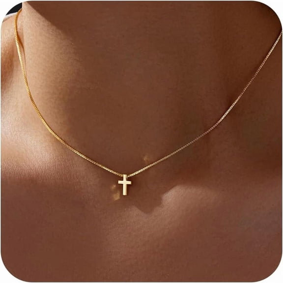 XH Dainty 14K Gold Silver Plated Cross Necklace Small Pendant Jewelry Gift