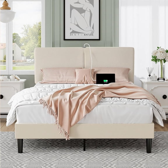XH Full Bed Frame with Type-C & USB Ports, Upholstered Platform Height-Adjustable Cotton and Linen Headboard, No Box Spring Needed, Noise-Free, Easy Assembly, Beige