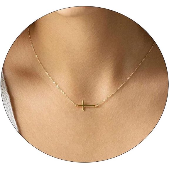 XH Gold Cross Necklace for Women 14K Gold Plated Cute Sidways Cross Pendant Choker Necklaces Simple Trendy Everyday Jewelry for Women