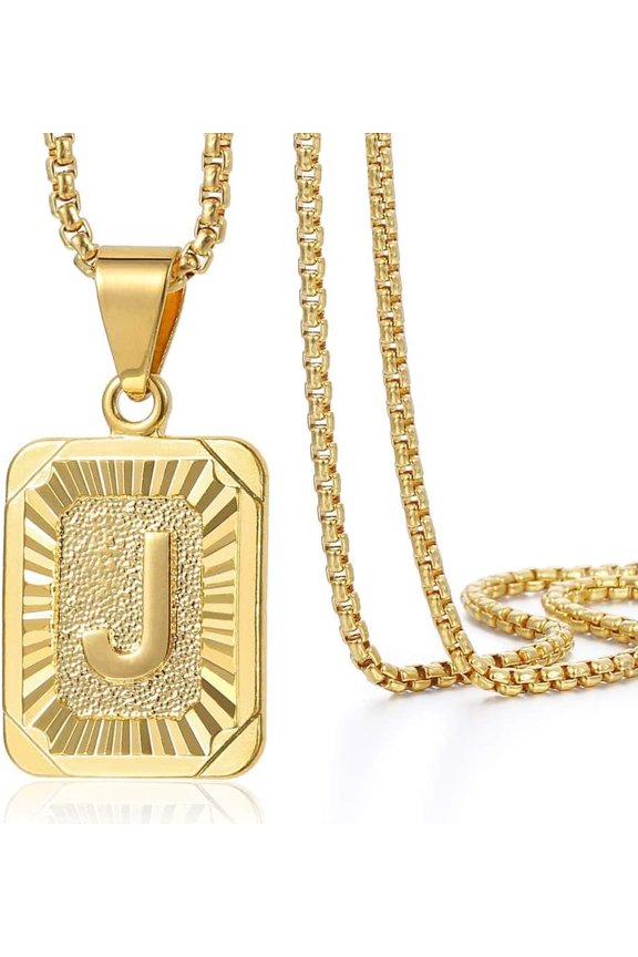 Initial A-Z Letter Pendant Necklace Mens Womens Capital Letter Yellow Gold Plated Stainless Steel Box Chain 22inch