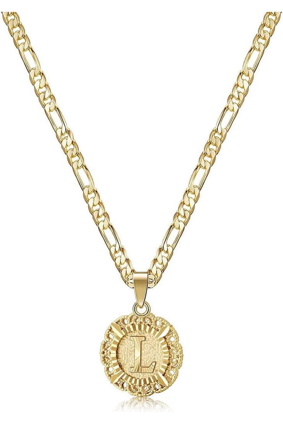 Initial Necklaces for Women, 14K Gold Plated Round Letter Pendant Capital Monogram Necklace Alphabets from A-Z Figaro Chain Jewelry