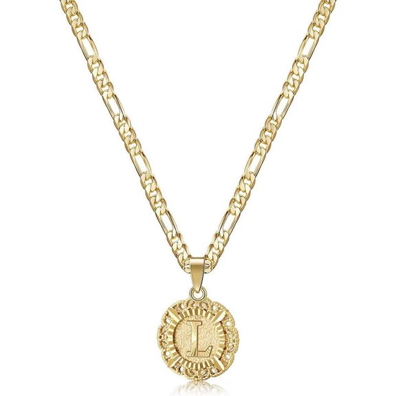 XH Initial Necklaces for Women, 14K Gold Plated Round Letter Pendant Capital Monogram Necklace Alphabets from A-Z Figaro Chain Jewelry